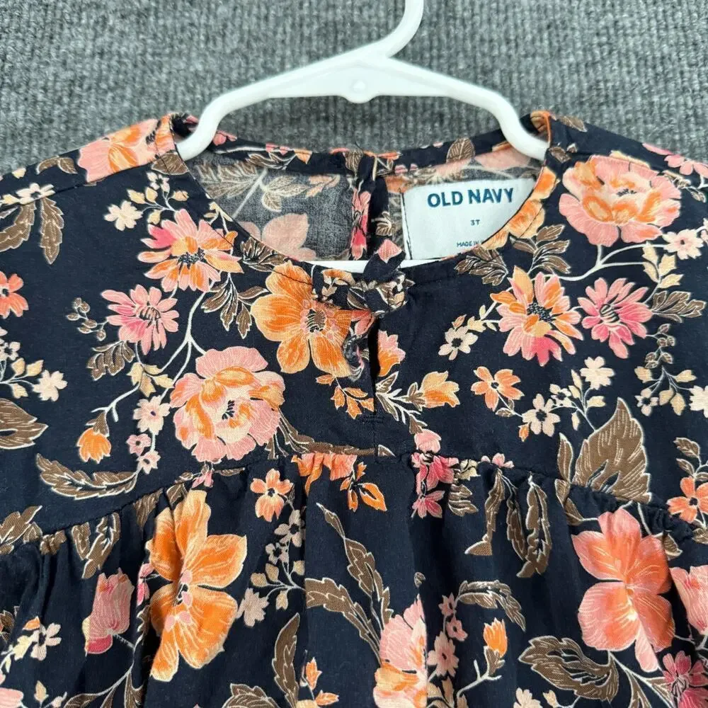 Old Navy Girls Babydoll Tunic Blouse 3T Navy Floral Swing Top Long Sleeve Flowy